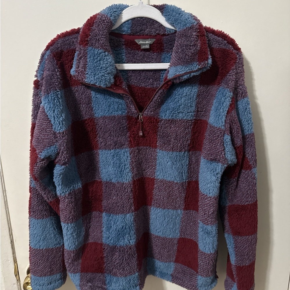 Eddie Bauer Large Women’s Red and Blue Quarter Zip Plaid Sweater